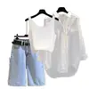 Conjunto de Verano para Mujer Tallas Grandes 2025 Nuevo Estilo Camisa con Protección Solar, Camisola, Shorts de Mezclilla Conjunto de Tres Piezas Adelgazante