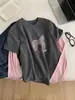 Camiseta de Manga Larga con Estampado de Pony Retro a la Moda Estilo Coreano Falsa de Dos Piezas para Mujer 26 Primavera y Otoño Camiseta Interior de Algodón Nube