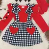 Traje de Dos Piezas para Niña Estilo Europeo y Americano Primavera y Otoño Día de San Valentín Top de Manga Larga + Falda con Tirantes de Cuadros y Lazo