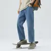 2026 Marca de Moda Americana High Street Pantalones Rectos Sueltos Jeans Azules Cropped Retro Americanos Azul