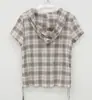 Camisa a Cuadros Chic Casual para el Trabajo con Capucha, Cordones, Un Botón y Dobladillo Plisado