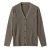 Elegante cárdigan de punto trenzado gris vintage con cuello en V para mujer, suéter abrigo versátil de otoño de manga larga y corte holgado de longitud media