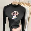 Camiseta de manga longa dupla face em fleece estilo coreano para meninas, coleção outono e inverno, para crianças mais velhas, justa, quente, gola alta discreta, base casual