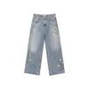 Calça Jeans Masculina Floral Bordada Retro de Nicho, Nova Calça Casual Reta de Perna Larga Solta para Primavera e Outono