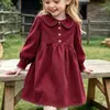 Vestido Infantil Francês Pastoral de Veludo Cotelê Manga Longa Gola Boneca Outono/Inverno Color Block Renda Vestido Fofo