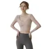Ropa de Yoga Transfronteriza para Mujer, Nuevo Estilo Otoño e Invierno con Almohadillas en el Pecho, Espalda Descubierta de Manga Larga para Fitness, Camiseta Corta Deportiva para Correr