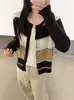 26 Nuevo Estilo de Otoño Top, Estilo Coreano, Cardigan de Punto Rayado Bloque de Color Cuello Redondo Manga Larga, Abrigo Casual para Viajes de Trabajo de Mujer