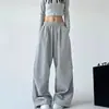 Calça de Moletom Cinza Feminina Estilo Americano 2026 para Primavera e Outono, Cintura Alta, Perna Reta, Caimento Solto, Calça Cargo Casual de Perna Larga