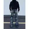 Calça Jeans Flare Reta Solta Estilo Americano para Homens com Lavagem Bigode, Calça Flare Vintage Desgastada de Nicho