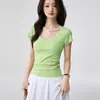 Camiseta 40s de Algodão Penteado Puro para Mulheres, Gola Redonda com Patch de Decote V Profundo, Mangas Curtas, Verão, Simples, Versátil, Emagrecedora, Top de Base