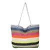 Bolsa Tote Transfronteiriça de Palha Tecida em Blocos de Cor Listrada para Viagens de Férias, Grande Capacidade Tecida Novo Estilo Artístico Fresco Bolsa de Ombro