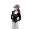 Camiseta Gris Elegante Versátil para el Trabajo Cuello Cuadrado Manga Larga Primavera 2026 Nuevo Simple Color Sólido Top Básico