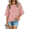 2026 Amazon Transfronterizo Verano Nuevo Estilo Europeo y Americano Patchwork Color Sólido Cuello Redondo Holgado Top Camiseta con Mangas de Tres Cuartos Acampanadas