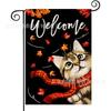 Bandera de Jardín Caliente de Otoño para Acción de Gracias Serie Gato Hoja de Arce Bandera Decorativa de Jardín de Lino