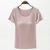 Al por mayor del fabricante Nueva camiseta de rayón de manga corta para mujer para primavera/verano con almohadilla en el pecho, sujetador integrado de color liso, top base de media manga