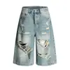 Jeans Bootcut Rasgado Lavado com Franjas Estilo de Rua Americano Masculino High Street Cleanfit Reto Shorts Drapeado