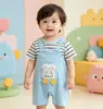 Mameluco de una pieza a rayas de manga corta para bebé en verano, con diseño de caricatura lindo, tipo dos piezas falsas, para niños, ropa casual holgada para gatear al aire libre