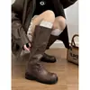 Botas largas vintage de suela gruesa, punta redonda, con hebilla, efecto desgastado, para mujer, botas de altura media para otoño e invierno, botas de montar