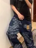 Pantalones de pierna ancha Scimitar con estampado de letras azules Marca de streetwear americana Jeans rectos vintage lavados Hip-Hop