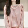 Design levemente maduro color blocking com borda em fio de algodão conjunto de duas peças para mulheres colete + cardigã suéter solto casaco top