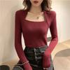 Camisa de fundo de malha para mulheres Primavera Outono e Inverno combinação interna estilo ocidental falso duas peças máquina de gola esqueleto gola quadrada manga longa top suéter emagrecedor