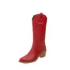 Botas altas versátiles de otoño e invierno para mujer, color liso, punta cuadrada, tacón cuadrado bordado, botas de talla grande para mujer, botas vaqueras sin cordones para mujer