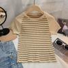 Camiseta de Manga Corta a Rayas Retro Estilo Japonés para Mujer Verano Tejida Nueva Ins Estilo Hong Kong Chic Corta Top de Punto Chica Picante