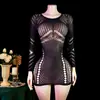 Conjunto de lencería sexy de manga larga ajustado con diseño calado para comercio exterior europeo y americano, conjunto de malla transparente, falda bodycon transparente y seductora para mujer