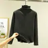 Camiseta feminina de outono e inverno, com forro de fleece, espessada, corte justo, manga longa, quente, como camada base, com gola alta e barra em ondas.