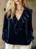 Roupas femininas transfronteiriças, Amazon europeia e americana outono novo top elegante de veludo com babados e decote em V para mulheres