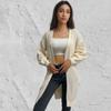 Nuevo cárdigan largo de color liso con bolsillos, cuello en V, talla grande para Amazon, chaqueta suéter sin botones con abertura, AliExpress 2025