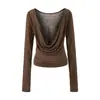 Blusa Top Sexy de Chica Atractiva con Cuello Oscilante de Manga Larga para Mujer Otoño Nuevo Estilo Tencel Ligera y Delgada Plisada de Cintura Alta Manga Larga