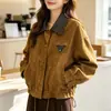 Jaqueta curta de camurça estilo Maillard 2026, jaqueta feminina color blocking fashion no colarinho, top retrô versátil para pessoas baixinhas