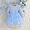 Vestidos para Niñas de Comercio Exterior, Nuevo Estilo Otoño 2026 Vestido de Malla, Elegante Vestido de Princesa de Manga Larga para Niños Pequeños