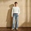 Calça jeans estilo americano, corte cleanfit, de bambu, lavagem desgastada, perna curva, unissex, high-street, silhueta wide-leg com caimento fluido