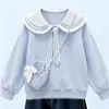 Nueva colección de primavera y otoño para niñas: top de moda de manga larga con un cuello elegante, combinado con lindos pantalones vaqueros casuales con estampado de dibujos animados - un conjunto de dos piezas