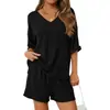 Amazon Comércio Exterior Transfronteiriço Europeu e Americano Feminino 2026 Novo Estilo Conjunto Decote V Cor Sólida Shorts Manga Curta Confortável Roupa de Casa