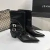 Botines de tacón alto con punta para mujer con hebilla de cinturón, negros, nuevo estilo 2026, botín elegante para pantalón, tacón grueso, bota individual versátil vintage