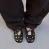 Versión de piel de oveja~Zapatos Mary Jane de punta redonda estilo vintage con remaches y lazo, bailarinas sin cordones para mujer