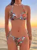 Bikini de dos piezas sexy push-up estilo vacacional con estampado de patchwork y tiras al cuello, el más vendido en Europa y América, para playa y aguas termales