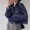 Design de camisa listrada chique coreana para primavera e outono, camisa leve de manga curta e longa para mulheres, cardigã de proteção solar de verão 2026