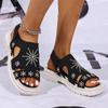 Sandalias de Playa para Mujer de Verano, Nuevo Estilo, Tejido de Punto, Perforadas en Caliente, Velcro, Color Sólido, Pedrería, Zapatos de Exterior, Comercio Exterior, Talla Grande