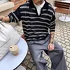 Camisa Polo Rayada de Cuello en V Camiseta de Manga Larga para Hombre Otoño Casual Holgada Deportiva Cubierta Superior Tejido Base