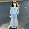 Conjunto de Dos Piezas para Niñas 2026 Moda Dulce Dopamina Camisa con Solapa de Muñeca con Lazo y Jeans, Nuevo para Primavera y Otoño