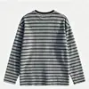 Camiseta de punto de manga larga para hombre, de corte holgado para otoño, con rayas, peso pesado, ajuste relajado, en blanco y negro, perfecta como capa base o top interior, con un estilo retro americano