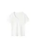 Camiseta feminina de cor sólida com decote V feita de algodão de bambu, simples e elegante, corte justo, acinturada, modeladora, de manga curta, top versátil para o dia a dia