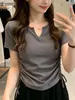 Diseño Sentido Cuello en V Cordón Manga Corta Camiseta de Mujer Ajustada Estilo Deseo Puro Nuevo Elegante Ajustado Moda Top de Verano para Mujer