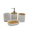 Conjunto de 4 Peças de Frascos de Cerâmica Branca para Loção com Base à Prova de Umidade de Madeira Maciça, Artefato de Armazenamento para Bancada de Banheiro, Simples e de Alto Padrão