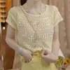 Camiseta de Algodón Puro con Botones de Lentejuelas en la Espalda, Cuello Redondo, Transpirable y Versátil Top de Manga Corta de Verano para Mujer, Uso Casual Diario, Mayoreo