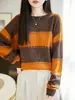 Suéter Feminino Outono Inverno Novo Gola Redonda Blocos de Cor Listras Malha Versátil Lantejoulas Listradas Casual Solto Pulôver Manga Longa